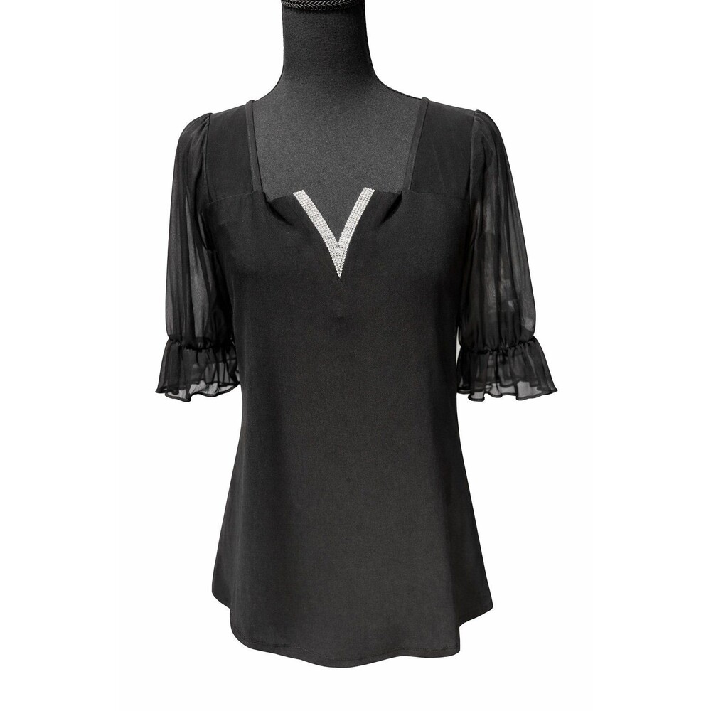 Adele & May Black Chiffon Blouse Sheer Sleeves Size Small